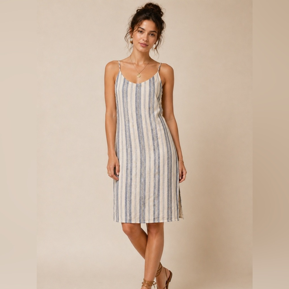 Striped Linen-Blend Slip Dress in Blue and Cream stripes